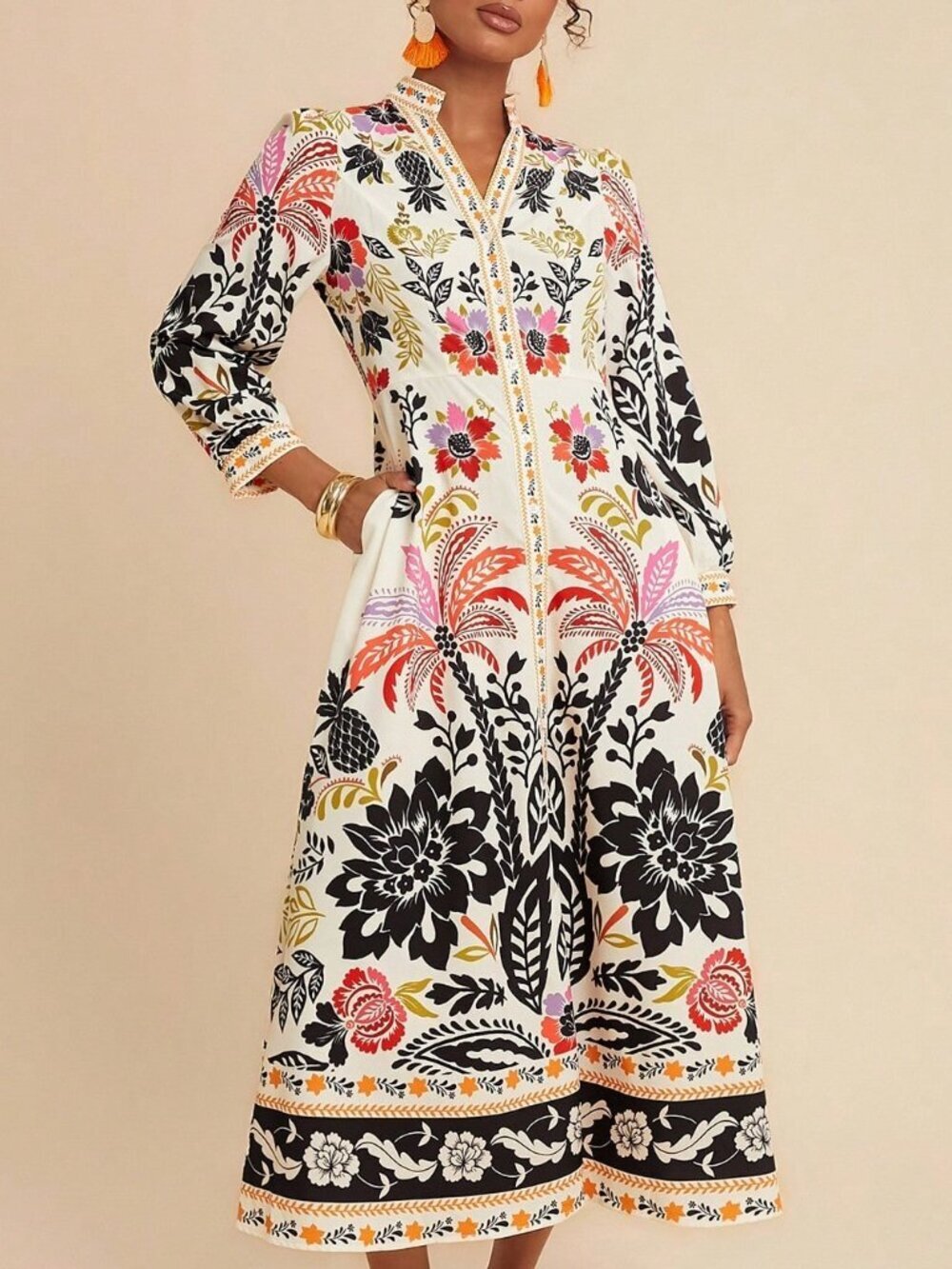 Khaki Boho Women's Palm Tree Print Long Sleeve Button Down Casual Midi Dress - Picture 3 of 6